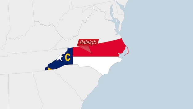 Mapa da carolina do norte do estado dos eua destacado nas cores da bandeira da carolina do norte e pino da capital do país raleigh