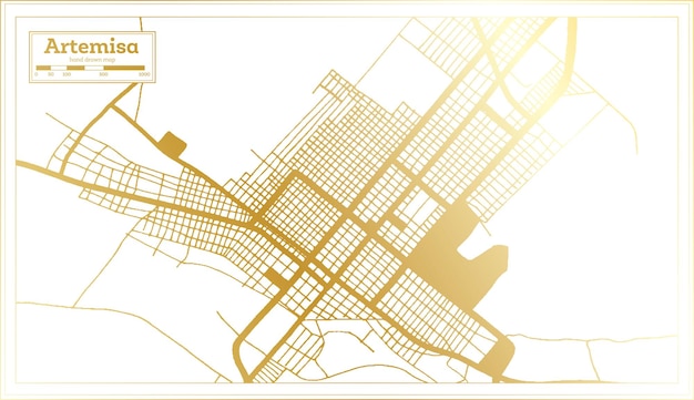 Mapa da cidade de artemisa cuba em estilo retrô em mapa de contorno de cor dourada