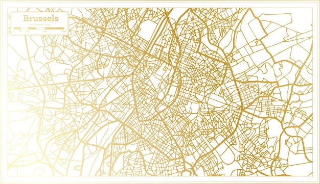 Mapa da cidade de bruxelas bélgica em estilo retrô em ilustração vetorial de mapa de contorno de cor dourada