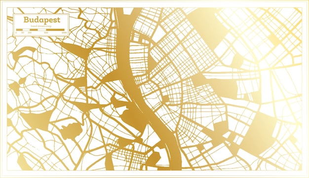 Mapa da cidade de budapeste hungria em estilo retrô em mapa de contorno de cor dourada