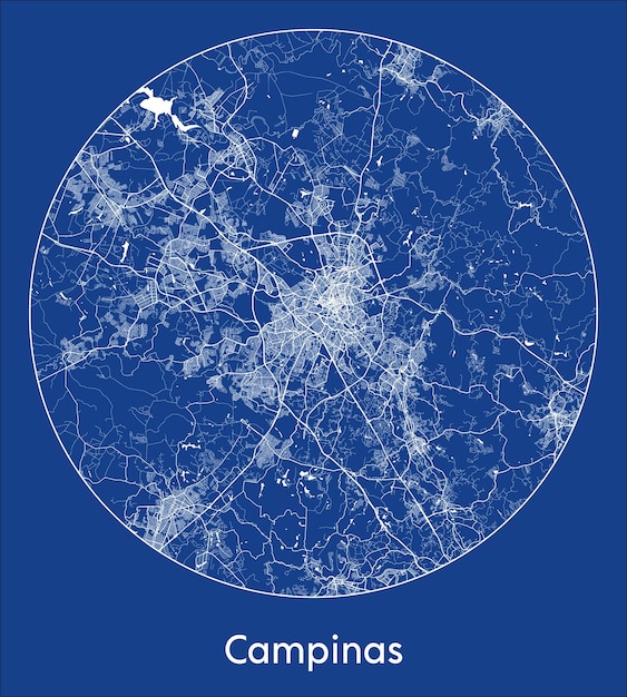 Vetor mapa da cidade de campinas, brasil, américa do sul, impressão azul redonda ilustração vetorial do círculo