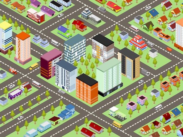 Mapa da cidade de desenho animado isométrico com escolas de edifícios, corpo de bombeiros, escola e transporte