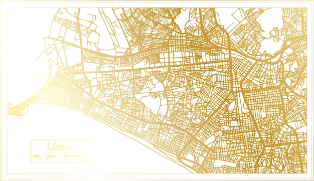 Mapa da cidade de lima peru em estilo retrô no mapa de contorno de cor dourada