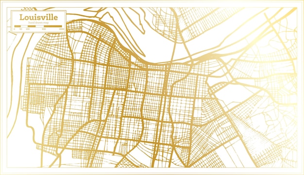 Mapa da cidade de louisville kentucky eua em estilo retrô no mapa de contorno de cor dourada