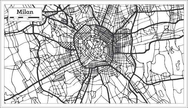 Vetor mapa da cidade de milão itália em estilo retro na cor preto e branco. mapa de contorno. ilustração vetorial.