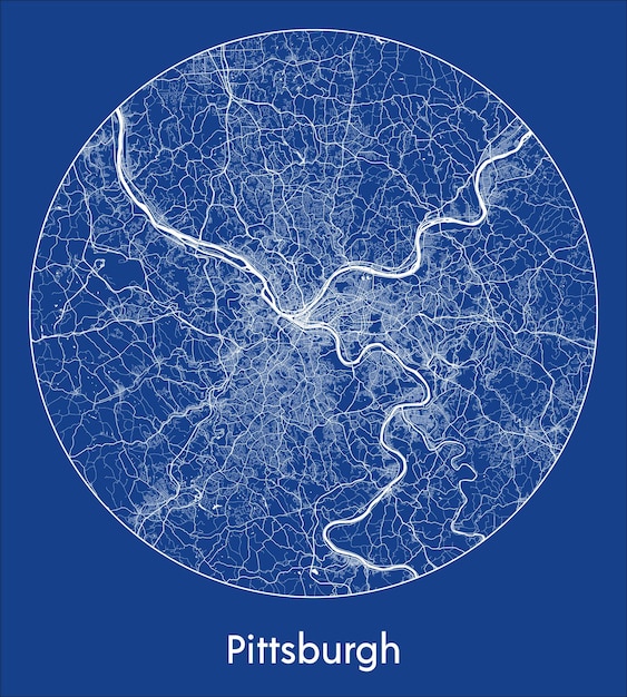 Vetor mapa da cidade de pittsburgh estados unidos américa do norte impressão azul redonda ilustração vetorial de círculo