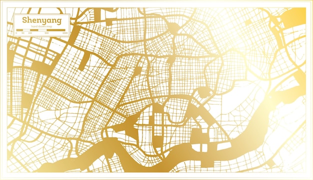 Vetor mapa da cidade de shenyang china em estilo retrô em mapa de contorno de cor dourada