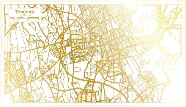 Mapa da cidade de taoyuan taiwan em estilo retrô em mapa de contorno de cor dourada