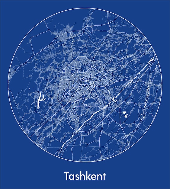 Vetor mapa da cidade de tashkent uzbequistão ásia impressão azul redonda ilustração vetorial do círculo