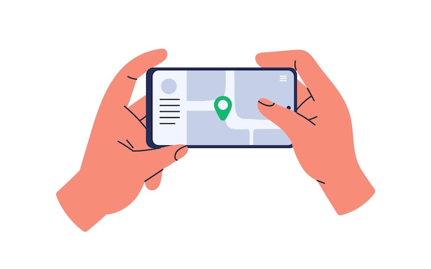 Mapa da cidade online, aplicativo gps na tela do celular. mãos segurando um smartphone, usando o aplicativo de navegação para viagens com marca de localização, ponteiro. ilustração em vetor plana isolada no fundo branco.