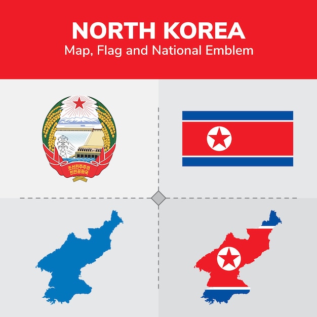 Mapa da coreia do norte, bandeira e emblema nacional