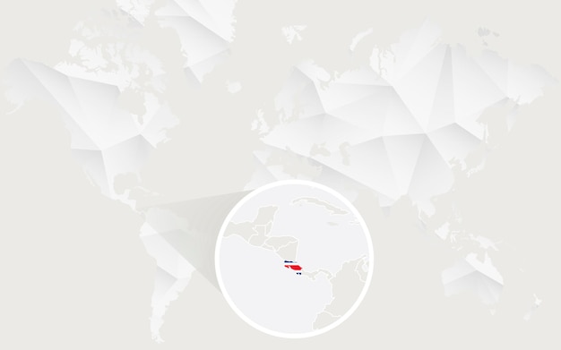 Mapa da costa rica com bandeira em contorno no mapa-múndi poligonal branco