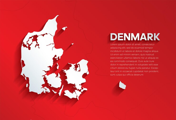 Vetor mapa da dinamarca com sombra recortada em papel isolado em um fundo vermelho