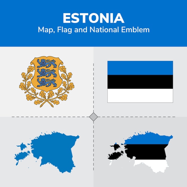 Mapa da estónia, bandeira e emblema nacional