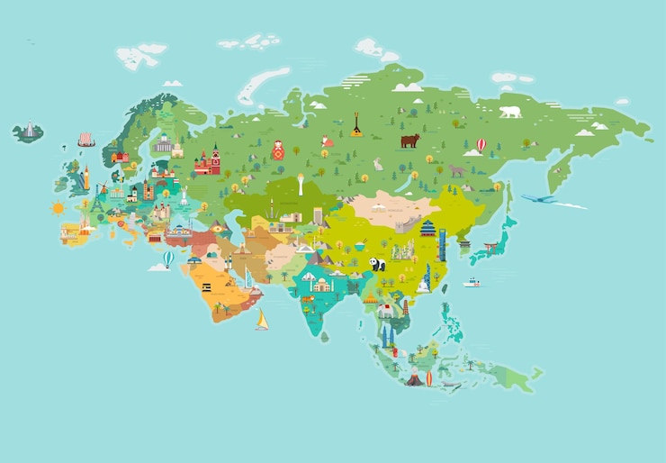 Mapa da Eurásia. Mapa com nomes de países. Marcos turísticos e de viagens, ilustração vetorial.