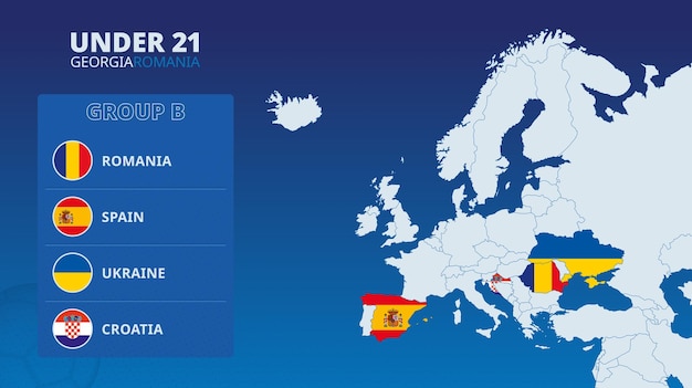 Vetor mapa da europa com mapas marcados dos países participantes do grupo b do torneio europeu de futebol sub-21 2023