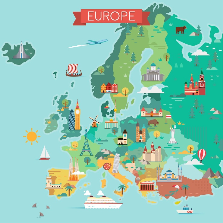 Mapa da Europa. Mapa turístico. Ilustração de estilo simples