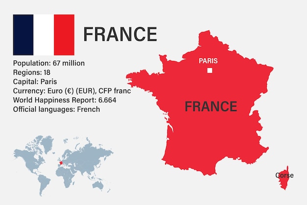 Mapa da frança altamente detalhado com capital de bandeira e pequeno mapa do mundo