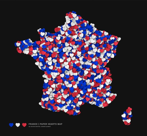 Mapa da frança com corações de papel espalhados nas cores da bandeira nacional isolada vetor