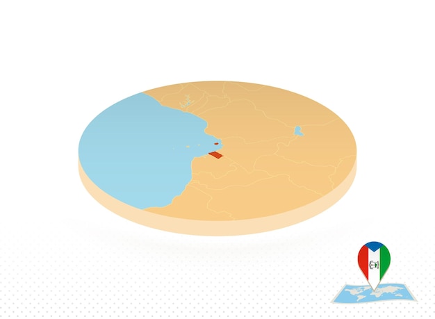 Mapa da guiné equatorial projetado no mapa de círculo laranja de estilo isométrico