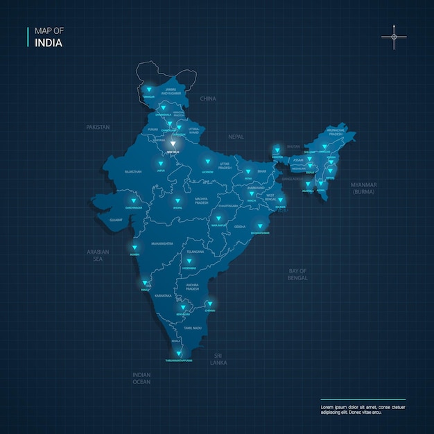 Mapa da índia com pontos de luz de néon azul - triângulo em gradiente azul escuro