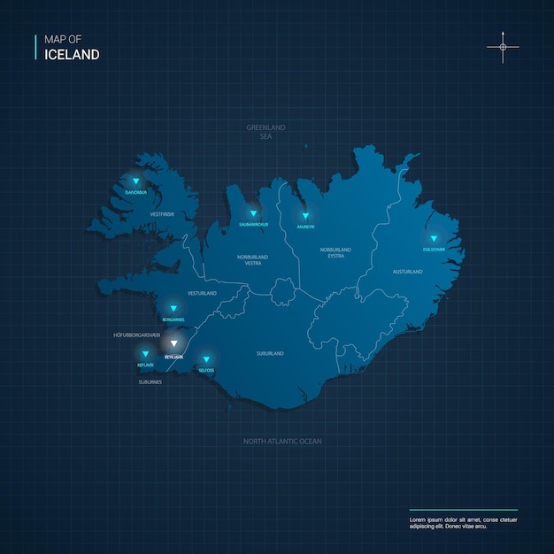 Mapa da islândia com pontos de luz neon azul