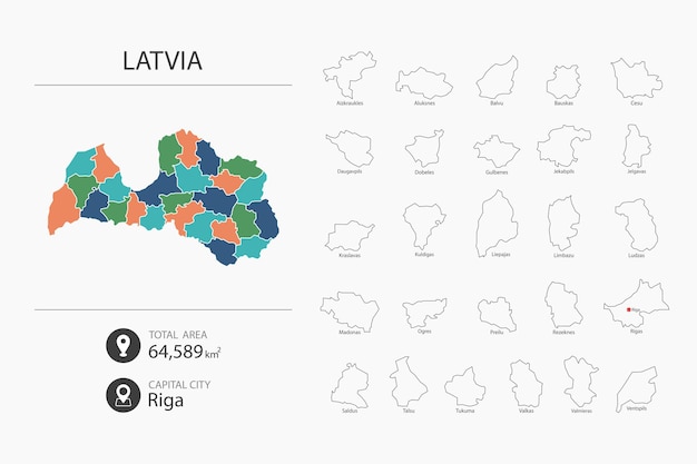 Mapa da letônia com mapa detalhado do país elementos do mapa das cidades, áreas totais e capital