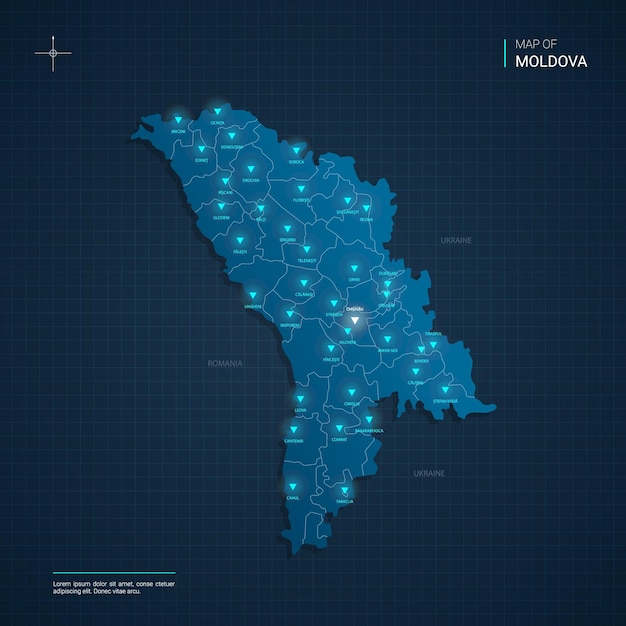 Mapa da moldávia com pontos de luz neon azul