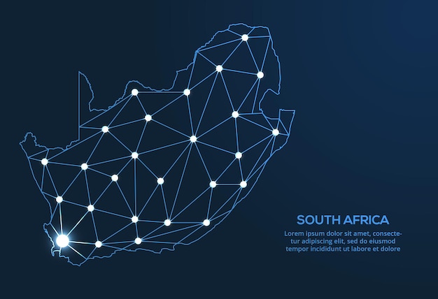 Mapa da rede de comunicação da áfrica do sul imagem de baixo poli vetorial de um mapa global com luzes na forma de cidades mapa na forma de uma constelação muda e estrelas