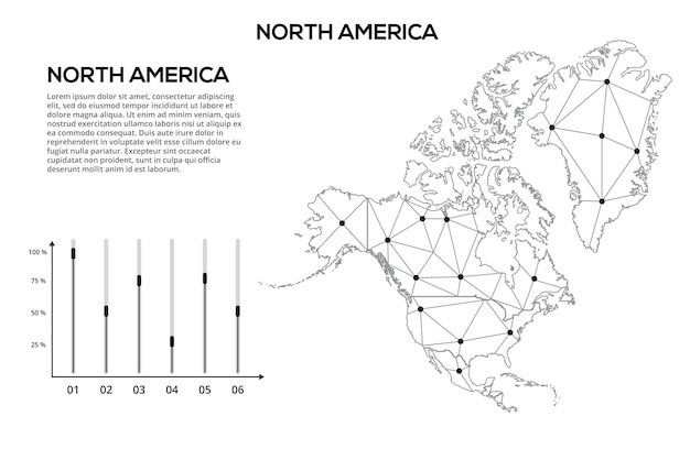 Mapa da rede de comunicação da américa do norte imagem vetorial de um mapa global de baixo poli com luzes da cidade mapa na forma de linhas e pontos