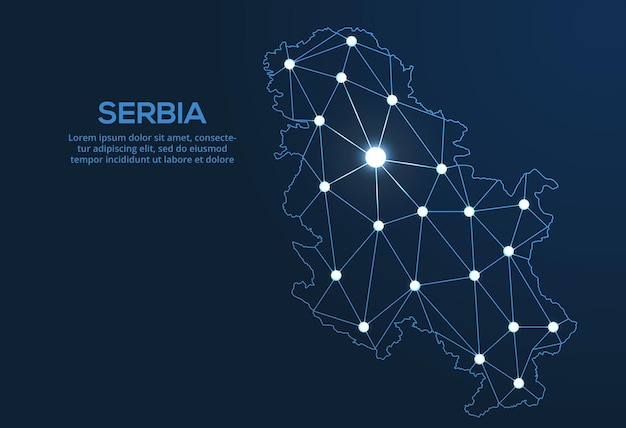 Mapa da rede de comunicação da Sérvia Imagem de baixo poli vetorial de um mapa global com luzes na forma de cidades Mapa na forma de uma constelação muda e estrelas