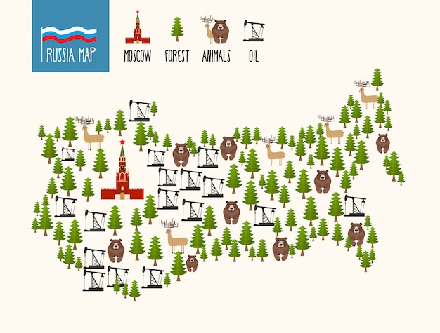 Mapa da rússia. infográfico da federação da rússia. minerais, petróleo e florestas. o kremlin de moscou e ursos.