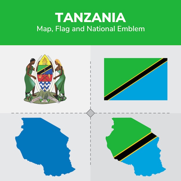 Mapa da tanzânia, bandeira e emblema nacional