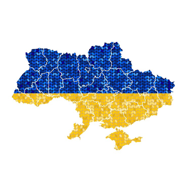 Vetor mapa da ucrânia com contornos de regiões nas cores da bandeira.