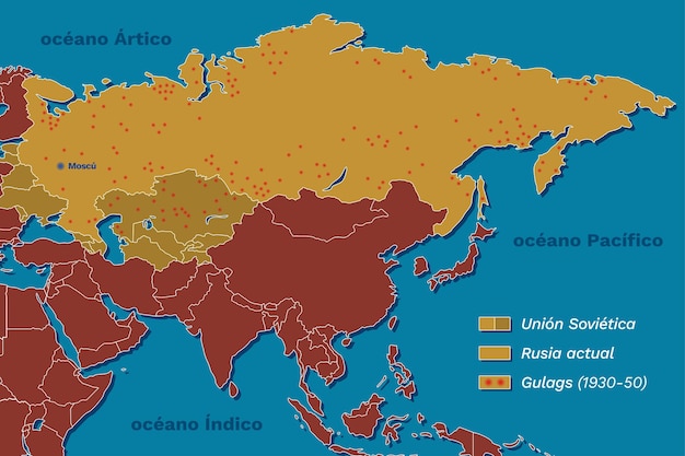 Vetor mapa da união soviética e seus gulags aprovados com a rússia de hoy