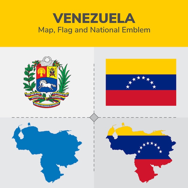 Mapa da venezuela, bandeira e emblema nacional