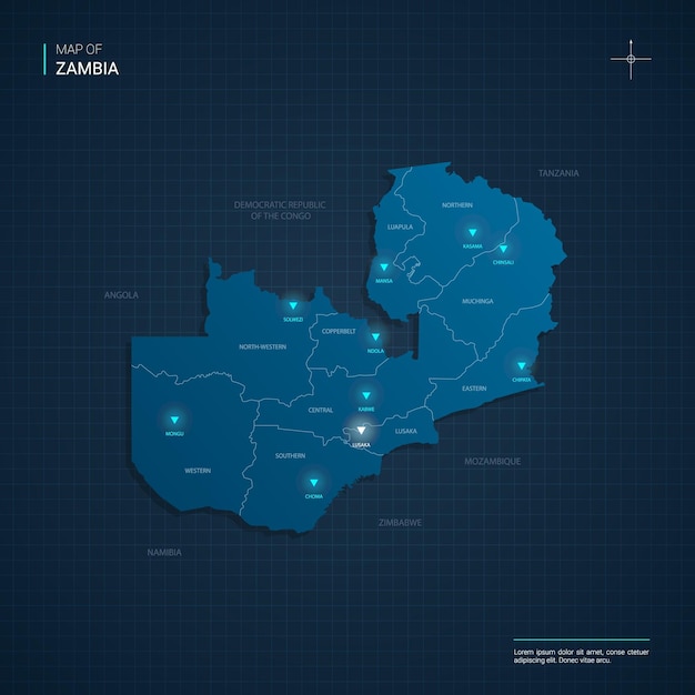 Mapa da zâmbia com pontos de luz neon azul - triângulo em gradiente azul escuro