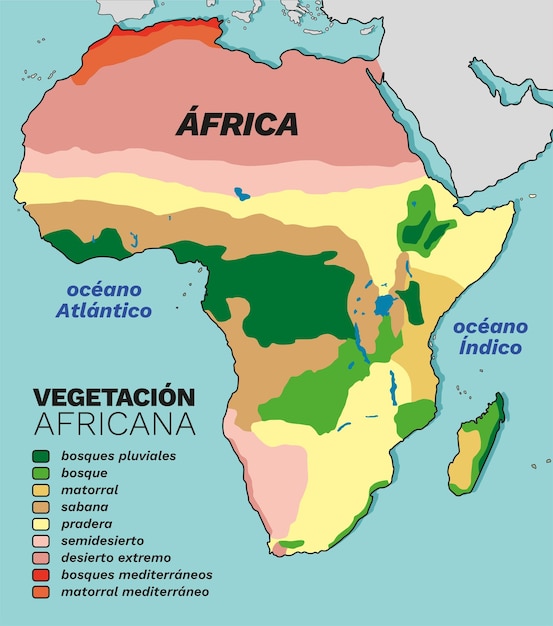 Vetor mapa de áfrica fortaleza por cores segun su vegetação