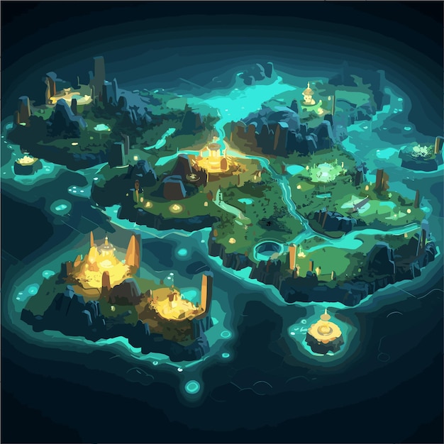 Vetor mapa de aventura de fantasia com muitos locais diferentes de fundo de jogo