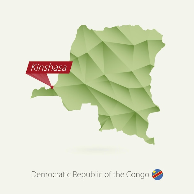 Vetor mapa de baixo poli gradiente verde da república democrática do congo com capital kinshasa