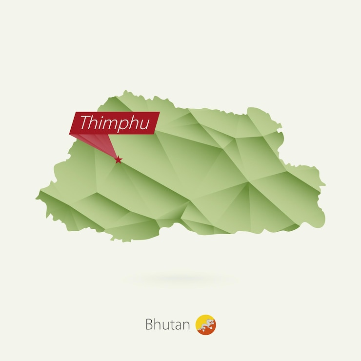 Vetor mapa de baixo poli gradiente verde do butão com capital thimphu