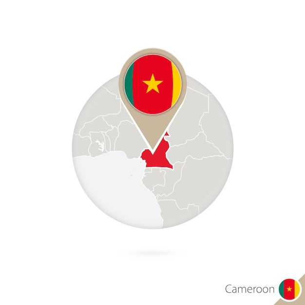 Vetor mapa de camarões e bandeira em círculo. mapa dos camarões, pino da bandeira dos camarões. mapa dos camarões no estilo do globo. ilustração vetorial.