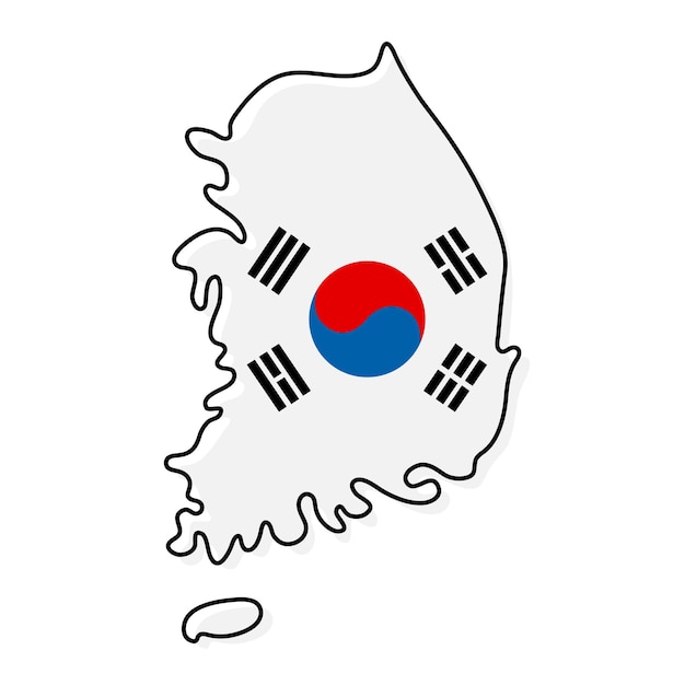 Mapa de contorno estilizado da coreia do sul com o ícone da bandeira nacional. mapa de cores da bandeira de ilustração vetorial da coreia do sul.