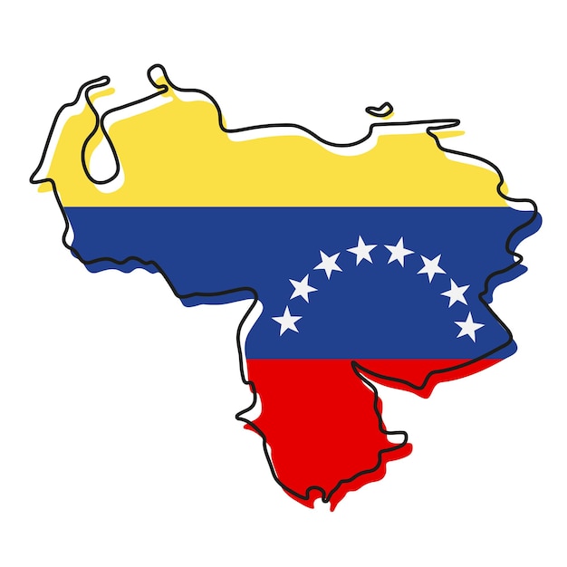 Mapa de contorno estilizado da Venezuela com o ícone da bandeira nacional. Mapa de cores da bandeira da ilustração vetorial da Venezuela.