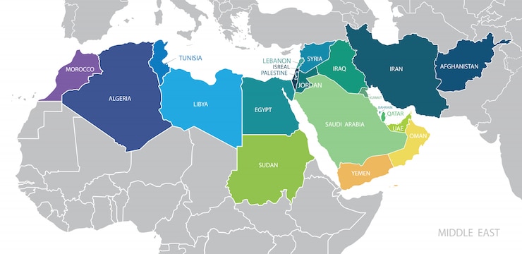 Vetor mapa de cores do oriente médio com nomes de estados membros.
