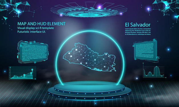 Mapa de el salvador efeito de conexão de luz fundo abstrato tecnologia digital ui gui futurista hud virtual interface com mapa de el salvador palco pódio futurista no nevoeiro