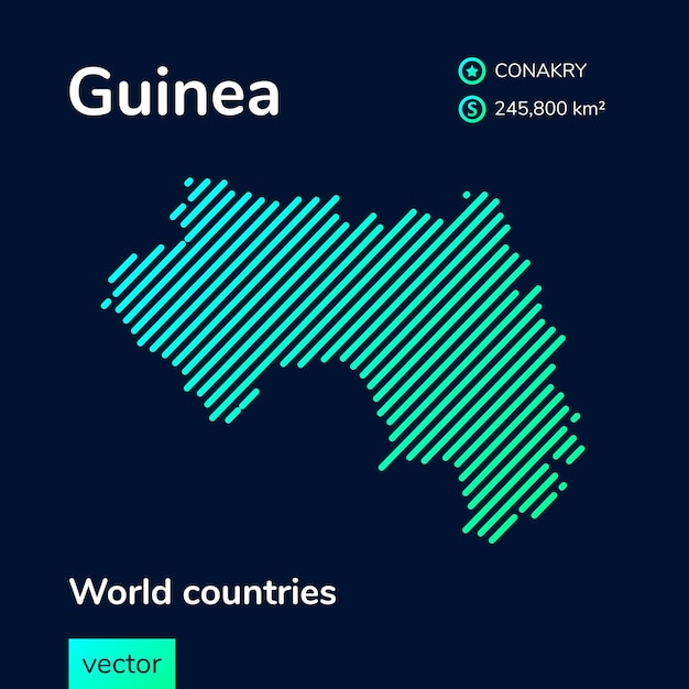 Vetor mapa de guiné vetorial plano em cores turquesas em um fundo azul escuro. ícone de mapa estilizado da guiné.