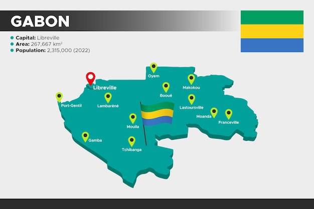 Mapa de ilustração 3d isométrica do gabão população da área das capitais da bandeira e mapa do gabão