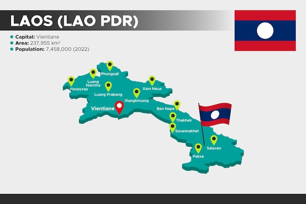 Mapa de ilustração 3d isométrica do laos bandeira população da área das capitais e mapa do laos pdr
