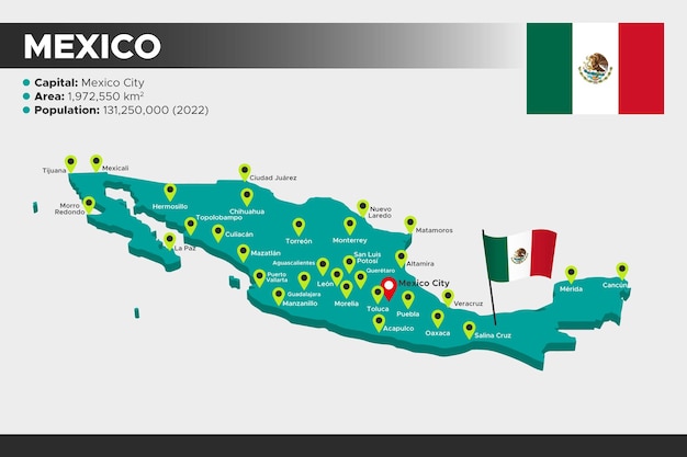 Mapa de ilustração 3d isométrica do México Bandeira população da área das capitais e mapa do México